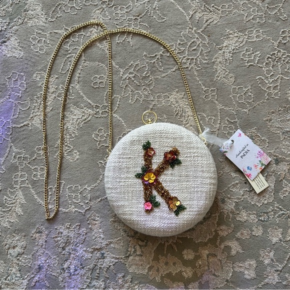 Handbags - Round White Bag with Gold Chain and Floral Letter K